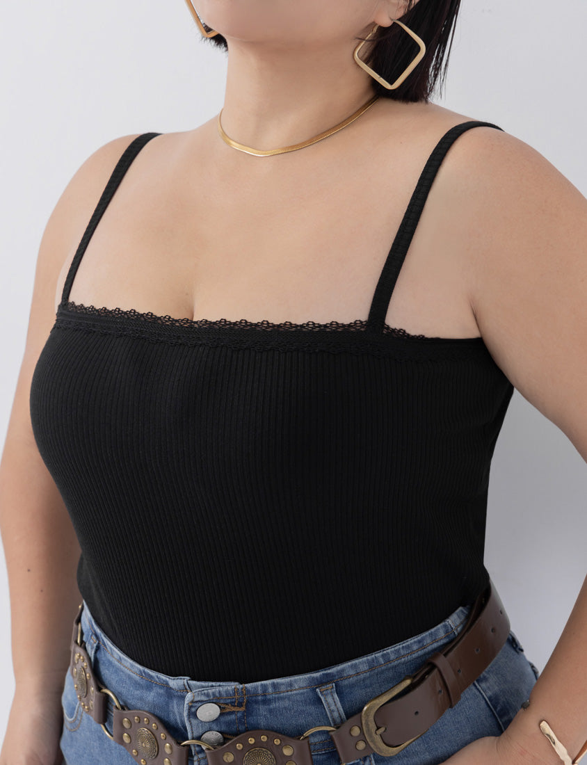 Adjustable Lace Trim Ribbed Plus Size Tank Top