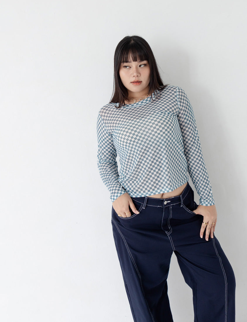 MUA! Sexy Checkered Mesh Long Sleeve Plus Size Top