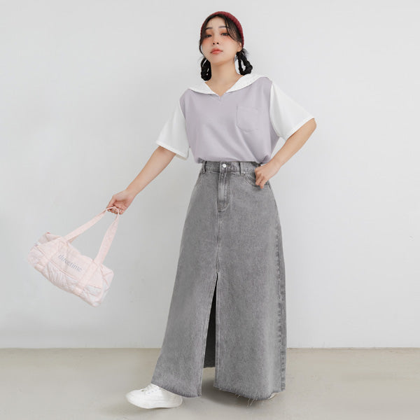 Space Cotton Sailor Collar Faux Two-Piece Plus Size Top