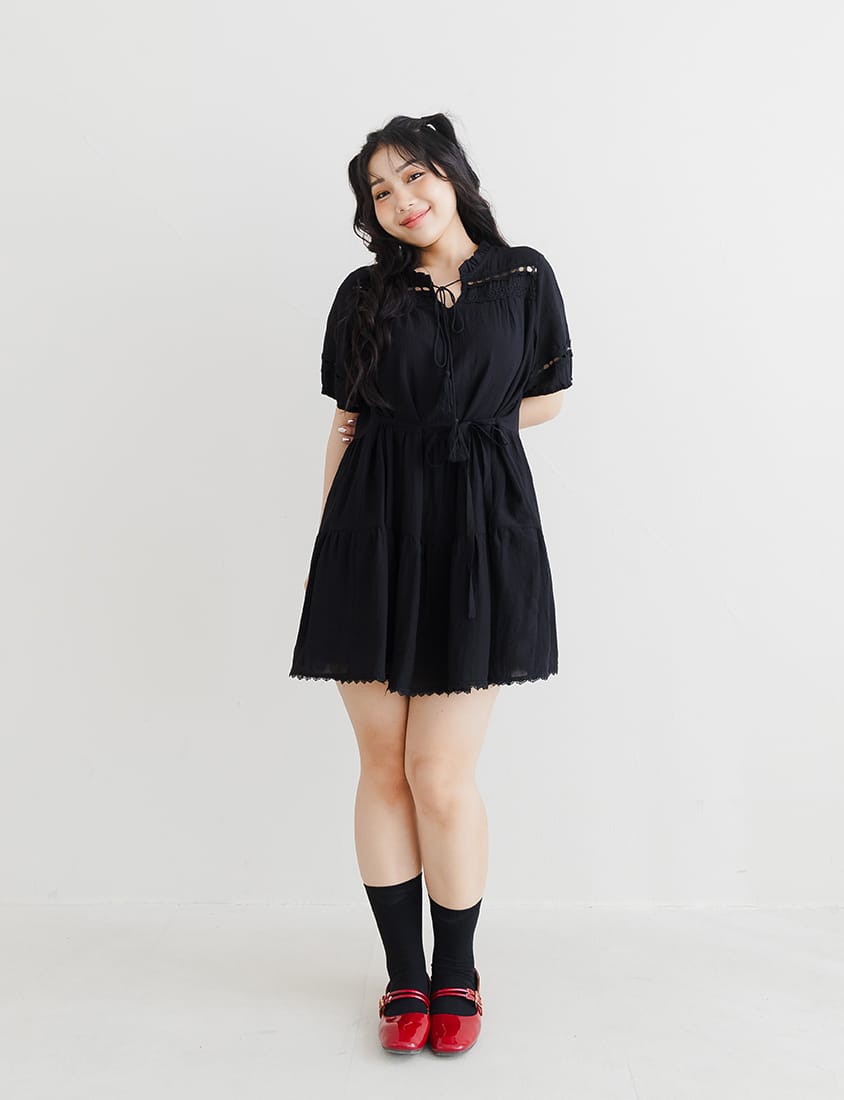 Intricate Lace Tie-Waist Flare Plus Size Mini Dress