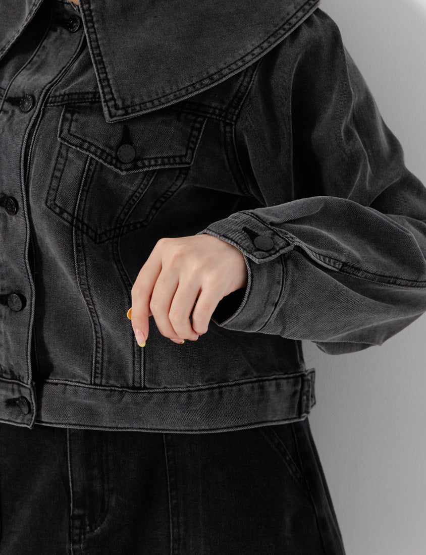 Korean Style Statement Collar Button-Down Plus Size Denim Jacket