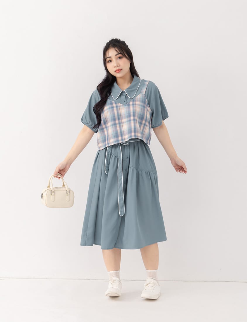 Color-Trimmed Plus Size Puff Sleeve Maxi Dress (With Waist Tie)