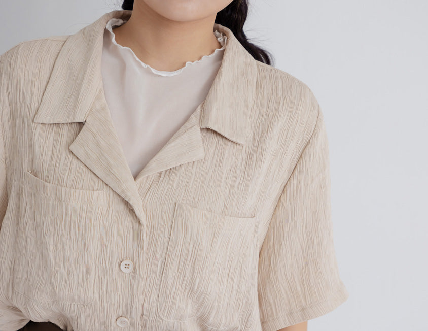 Cuban Collar Crinkled Texture Large Pocket Plus Size Shirt