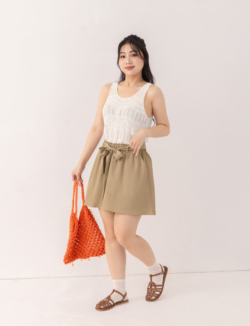 Floral Ruffled Elastic Waist Flowy Plus Size Mini Skort  (With Waist Tie)