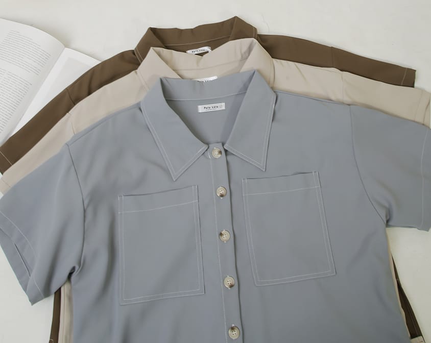 Color-Block Stitched Large Pocket Plus Size Short Sleeve Shirt