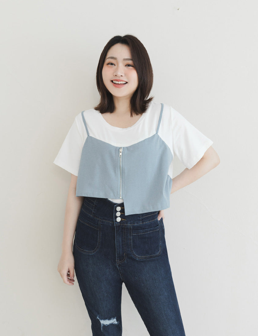 Asymmetric Front Zip Plus Size Layered Tee