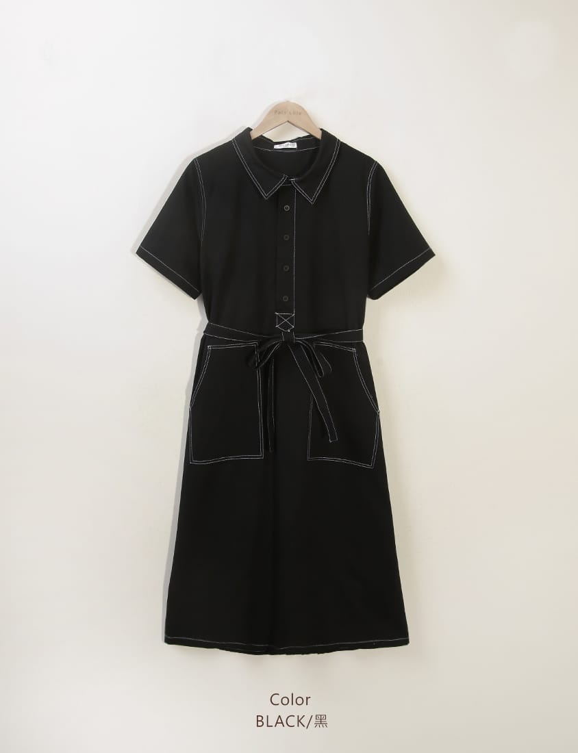 Color-Block Stitching Collar Twill Plus Size Maxi Dress (with Waist Tie)