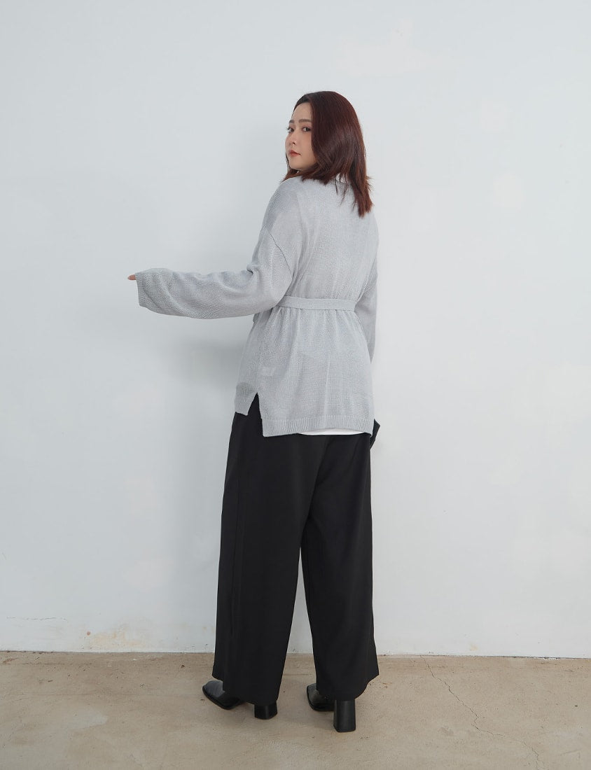 MISS. Korean Sheer Knit Plus Size Long Sleeve Top (with Waist Tie)