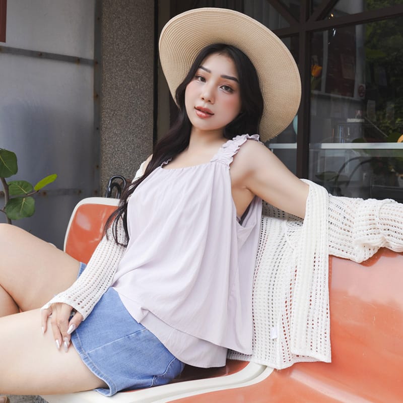 Summer Crinkled Double Layer Flounce Plus Size Top