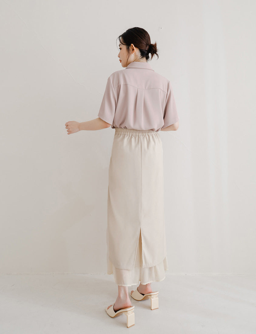 MISS. Back Elastic Waist Slit Multi-Layered Plus Size Maxi Skirt