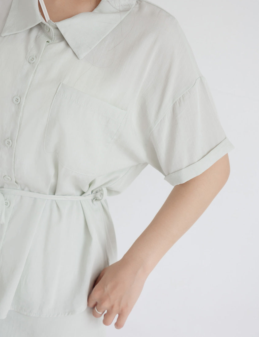 Airy Silky Linen Short Sleeve Plus Size Shirt (With Tie Belt)