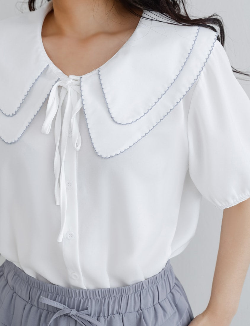 Double Layer Collar Tie Puff Sleeve Plus Size Blouse