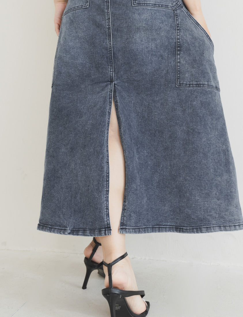 MUA! Ultra-Stretch Back Slit High-Waist Washed Denim Plus Size Maxi Skirt