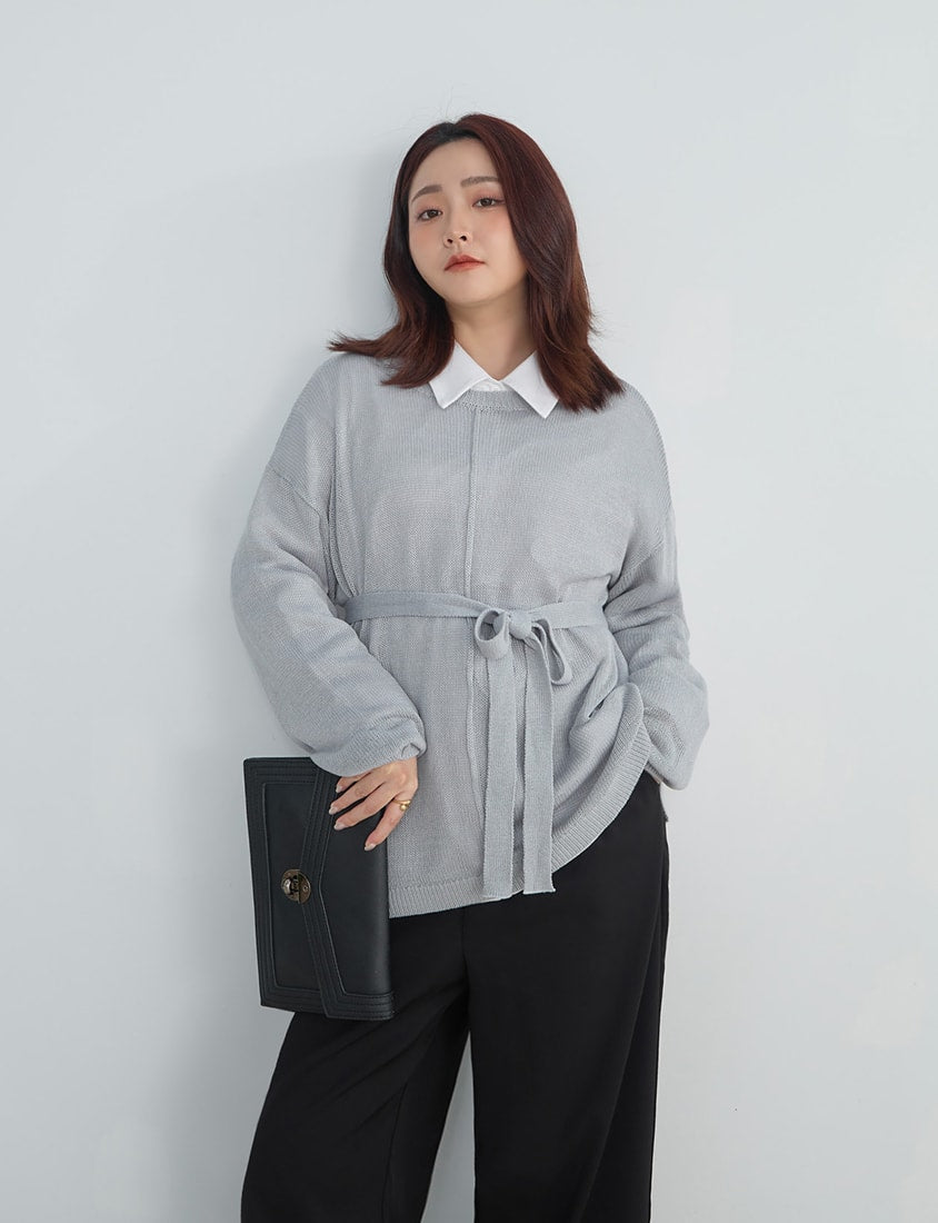 MISS. Korean Sheer Knit Plus Size Long Sleeve Top (with Waist Tie)