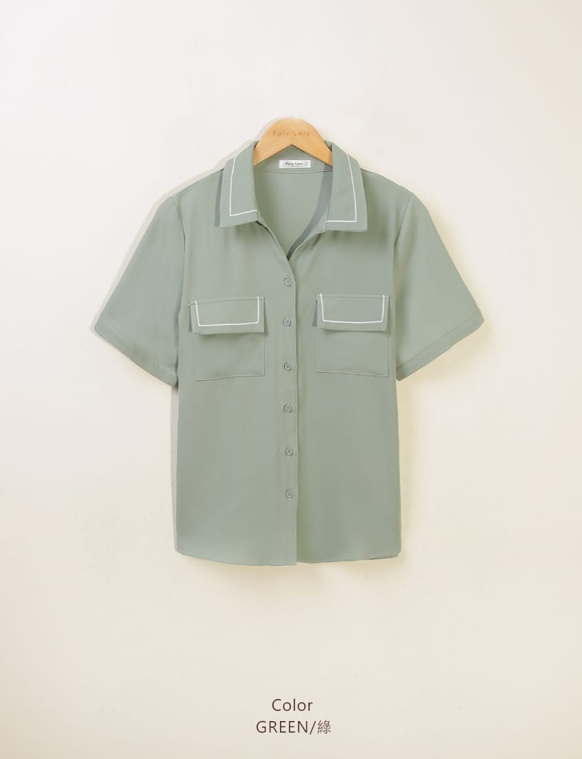 Color-Block Embroidered Pocket Plus-Size Short Sleeve Shirt