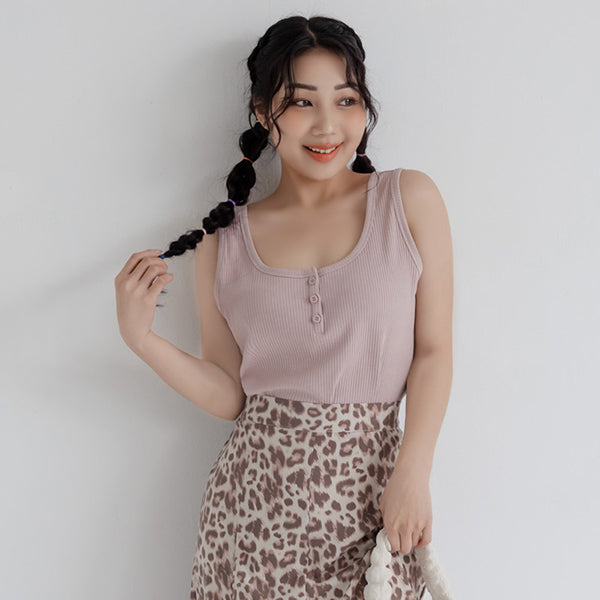 Basic U-Neck Ribbed Button Plus Size Tank Top