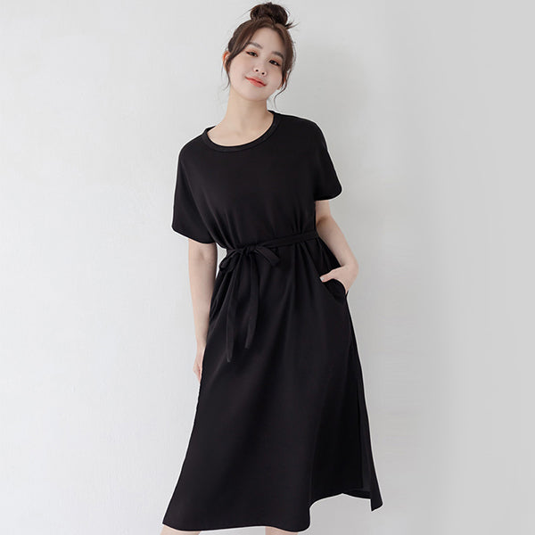 Casual Crew Neck Waist Tie Plus Size Maxi Dress