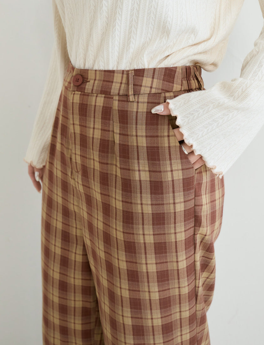 Cozy Plaid Back Elastic Waist Plus Size Tailored Pants