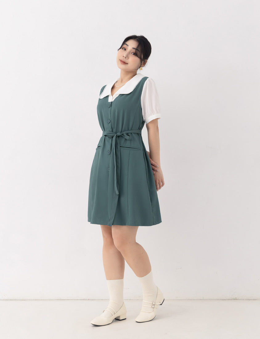 MISS. Elegant Lace Collar Plus Size Puff Sleeve Dress (With Waist Tie)