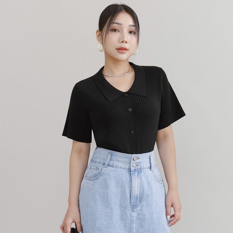 MISS. Versatile Icy Silk Faux Button Collar Plus Size Top