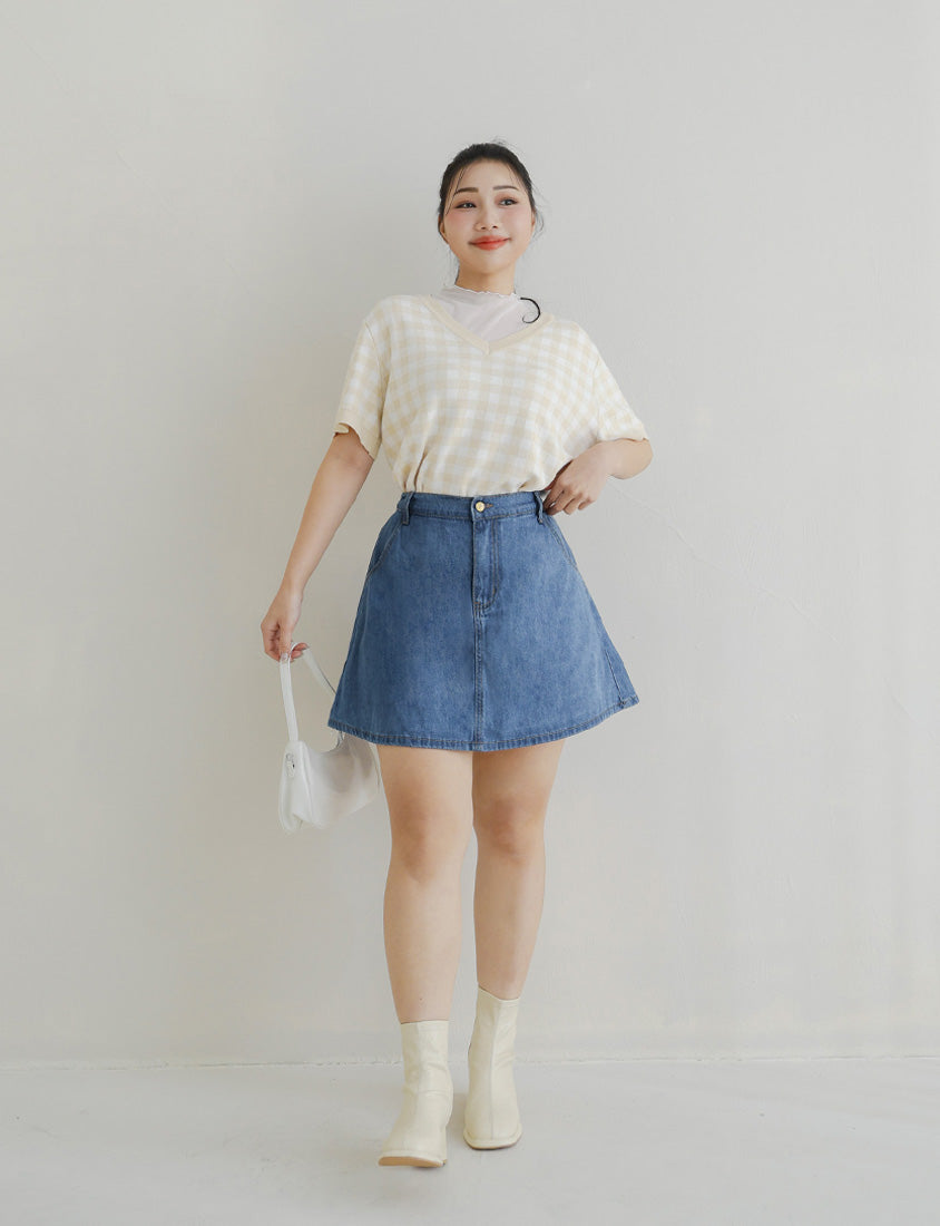 Plaid V-Neck Knit Plus Size Short Sleeve Top