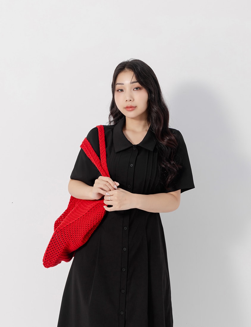 Pleated Textured Button-Down Elastic Back Plus Size Maxi Dress