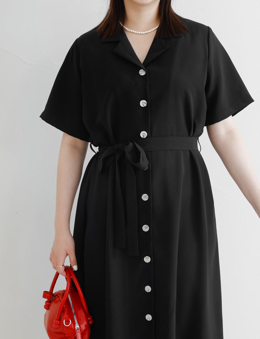 MISS. Cuban Collar Chiffon Button Short Sleeve Dress (with Waist-Tie )