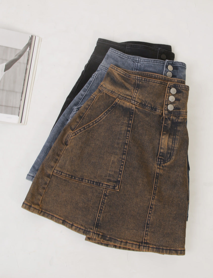 MUA! Ultra Stretch High Waist Washed Denim Plus Size Mini Skirt (With Pants)