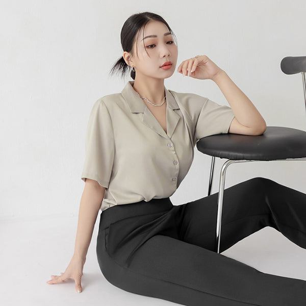 MISS. Glossy Satin Cuban Collar Plus Size Shirt With Floral Buttons
