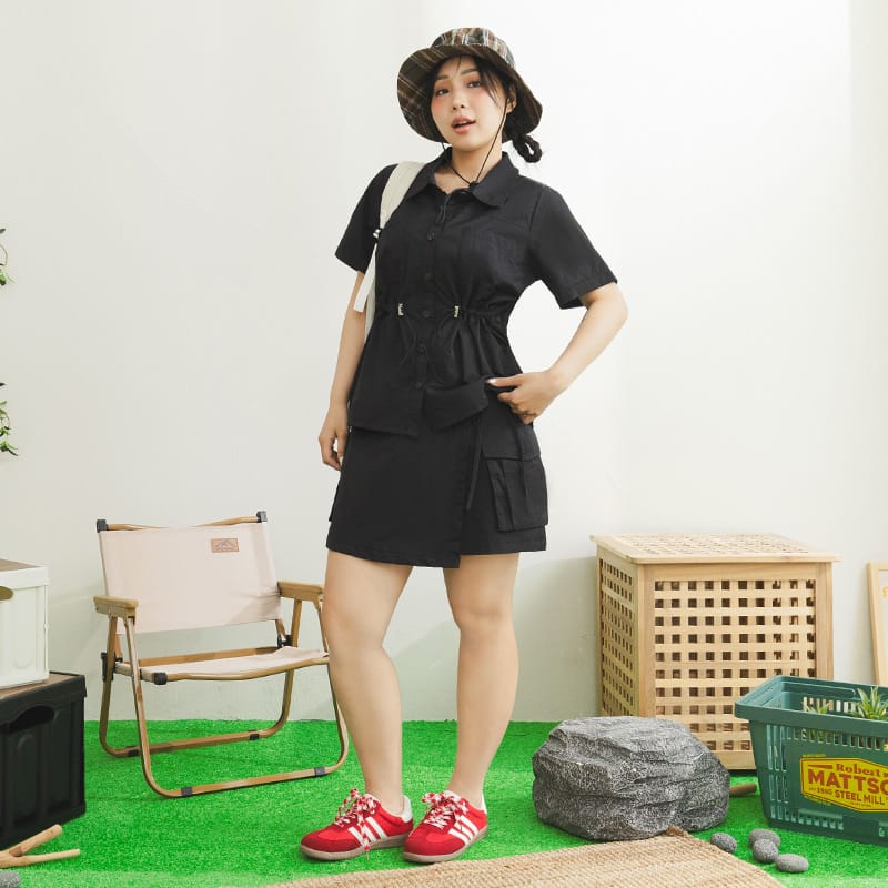 Pockets Cargo Drawstring Waist Plus Size Shirt