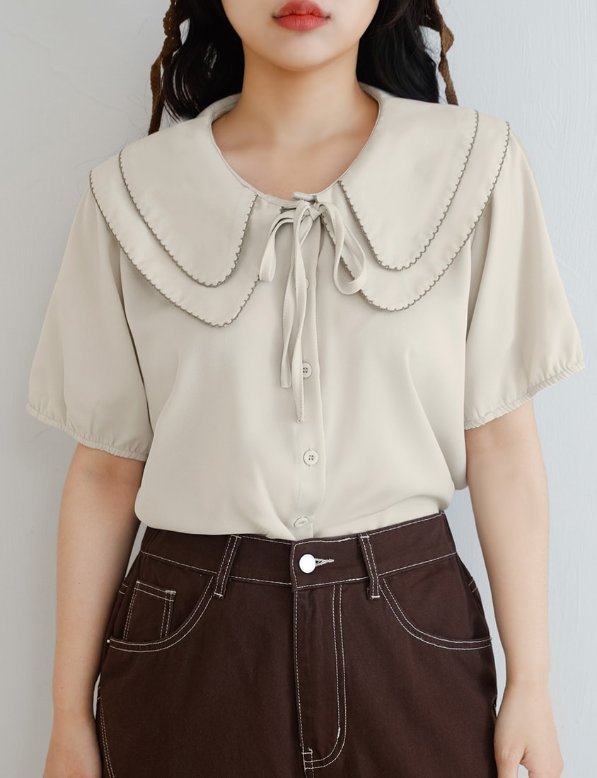 Double Layer Collar Tie Puff Sleeve Plus Size Blouse
