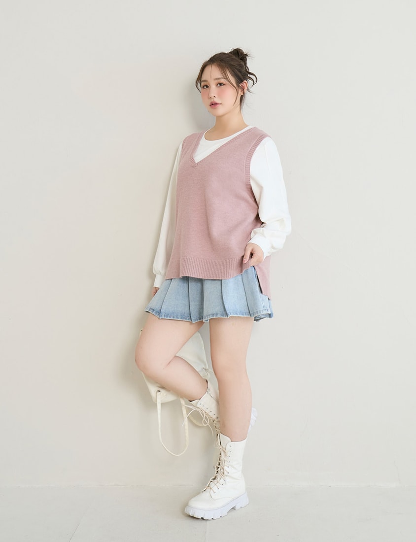 Versatile Multicolor V-Neck Mid-Length Plus Size Knit Vest