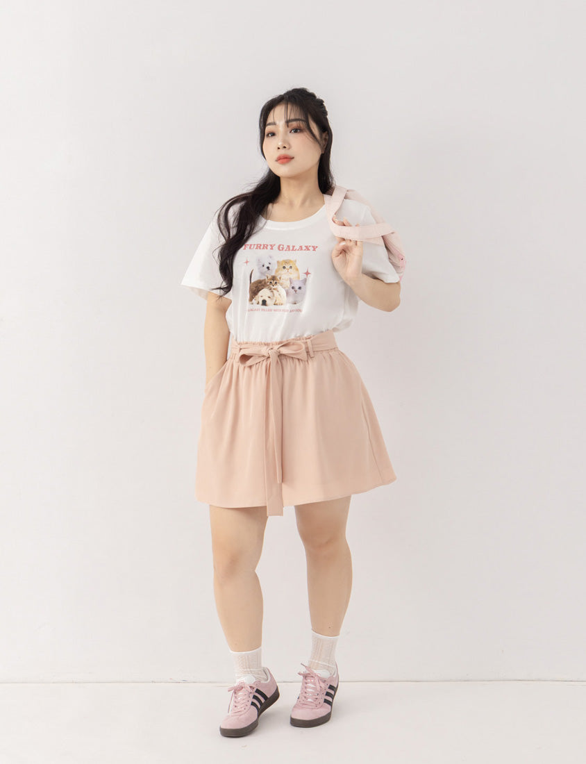 Floral Ruffled Elastic Waist Flowy Plus Size Mini Skort  (With Waist Tie)