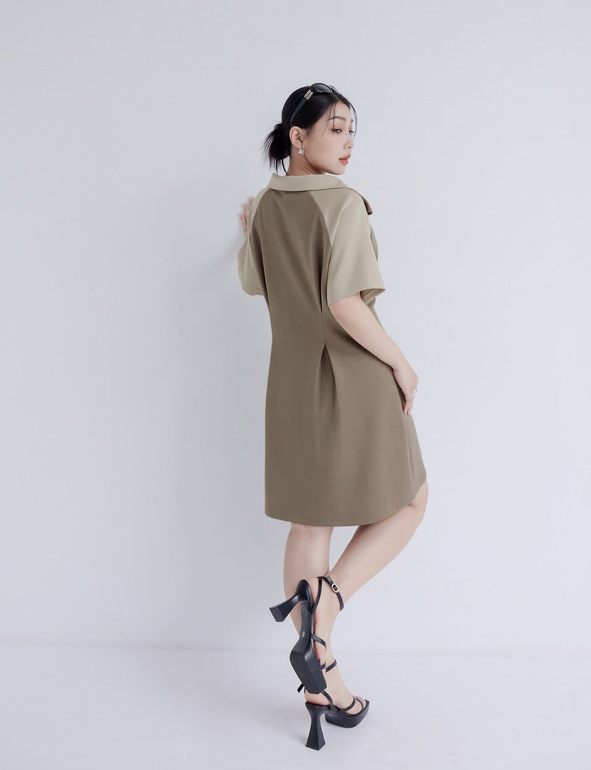 MUA! Space Cotton Color-Block Stand Collar Plus Size Short Sleeve Mini Dress