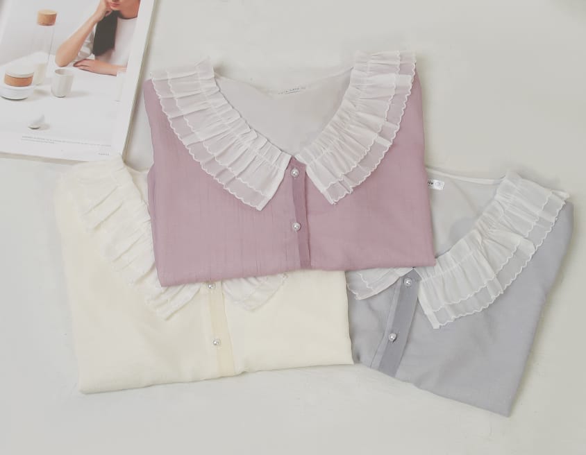 MISS. Romantic Contrast Pearl Buttons Ruffle Plus Size Blouse