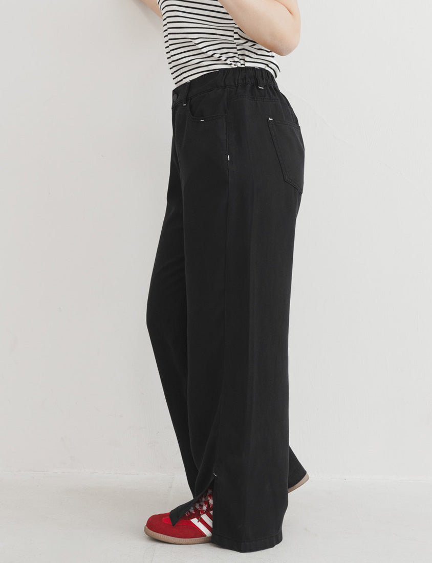 Lyocell Cooling Contrast Stitch Slit Plus Size Wide-Leg Pants