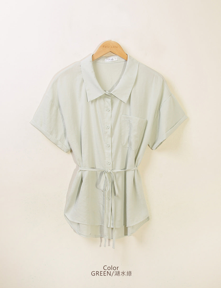 Airy Silky Linen Short Sleeve Plus Size Shirt (With Tie Belt)