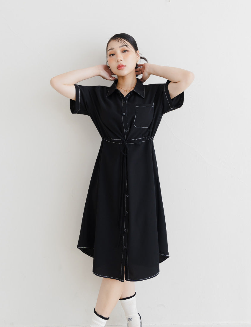MISS. Contrast Stitch Drawstring Long Plus Size Shirt