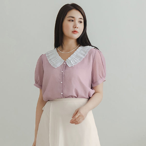 MISS. Romantic Contrast Pearl Buttons Ruffle Plus Size Blouse