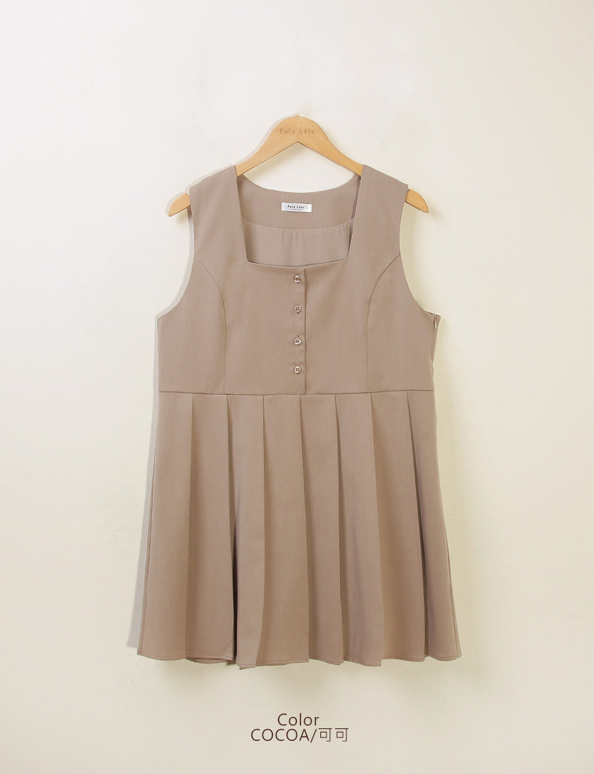 Square Neck Button Pleated Plus Size Mini Dress