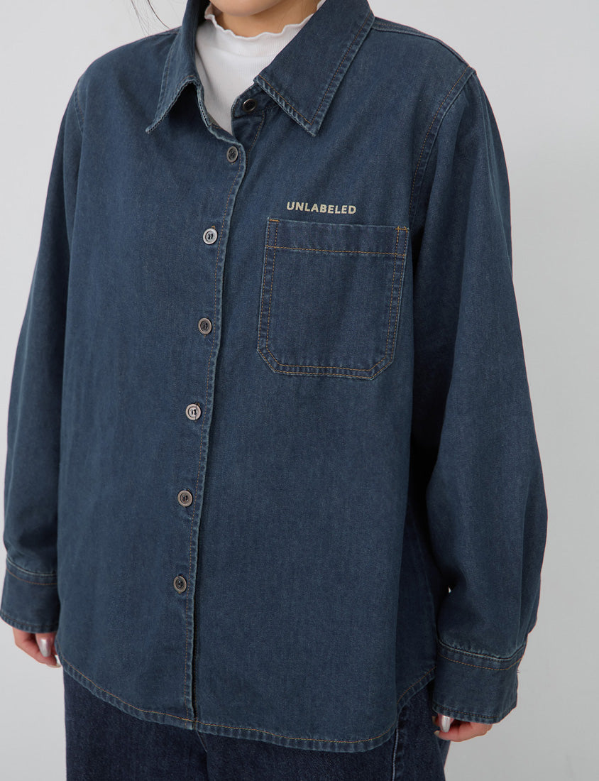 Washed Graphic Oversized Denim Plus Size Long Sleeve Shirt (Unisex)