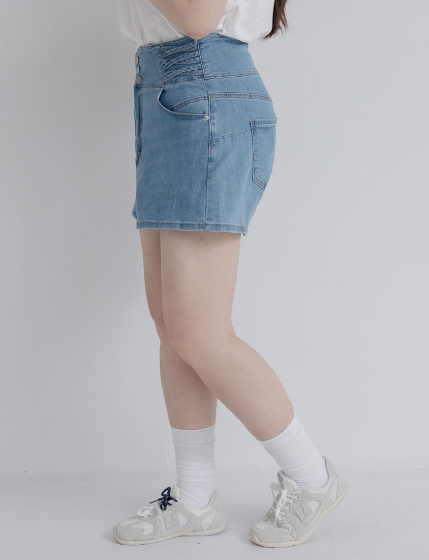 Cross Waist Tummy Flattering Plus Size Denim Shorts