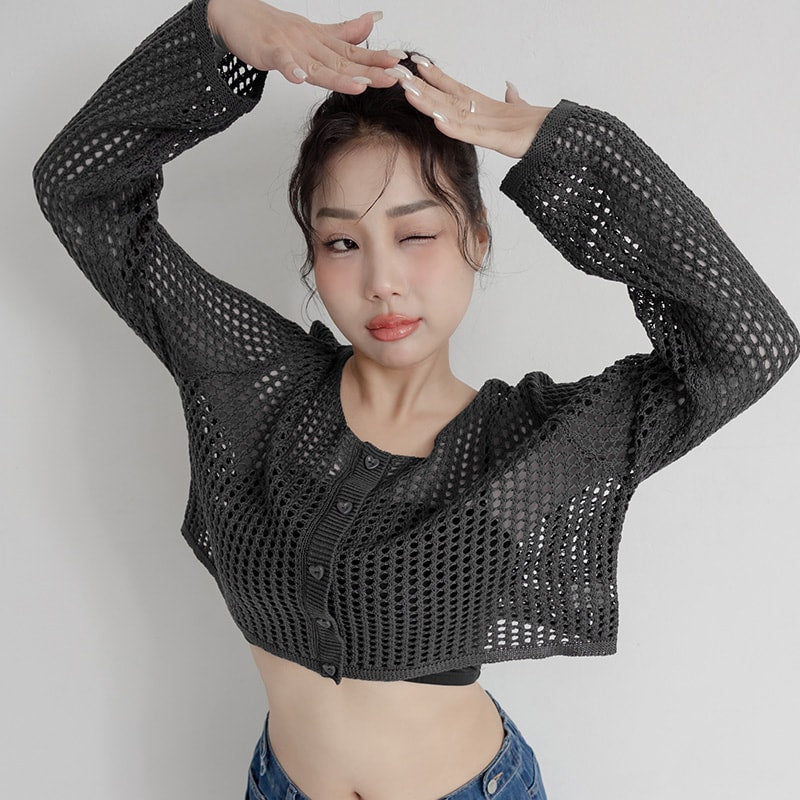 Knit Eyelet Hollow Faux Button Plus Size Top