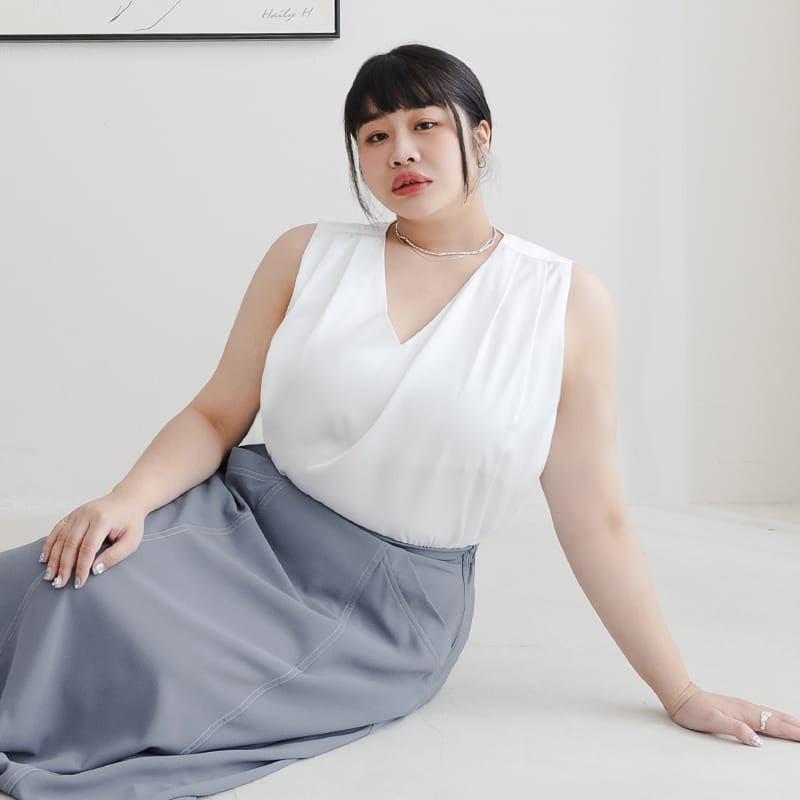 MISS. Subtle Sheen V-Neck Wide Strap Plus Size Pleated Tank