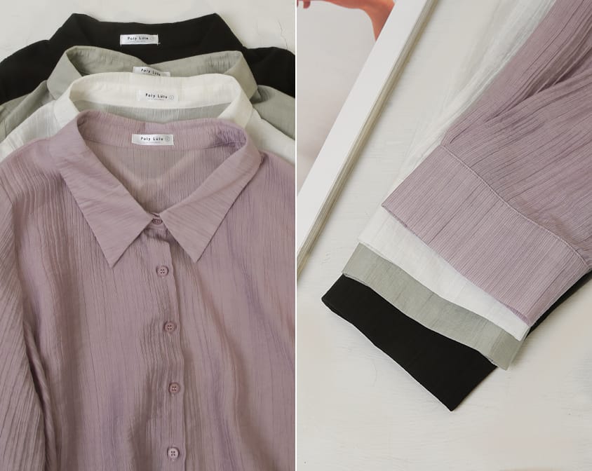 Crinkled Texture Sheer Tie-Back Plus Size Long Sleeve Shirt