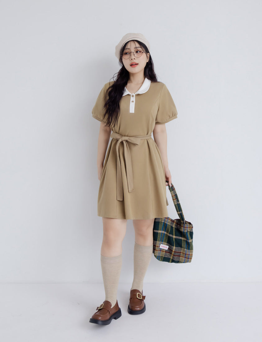 Color-Block Polo Collar Plus Size Mini Dress (With Belt)