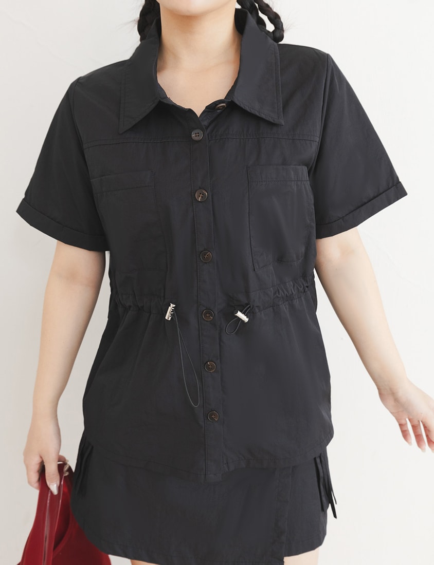 Pockets Cargo Drawstring Waist Plus Size Shirt