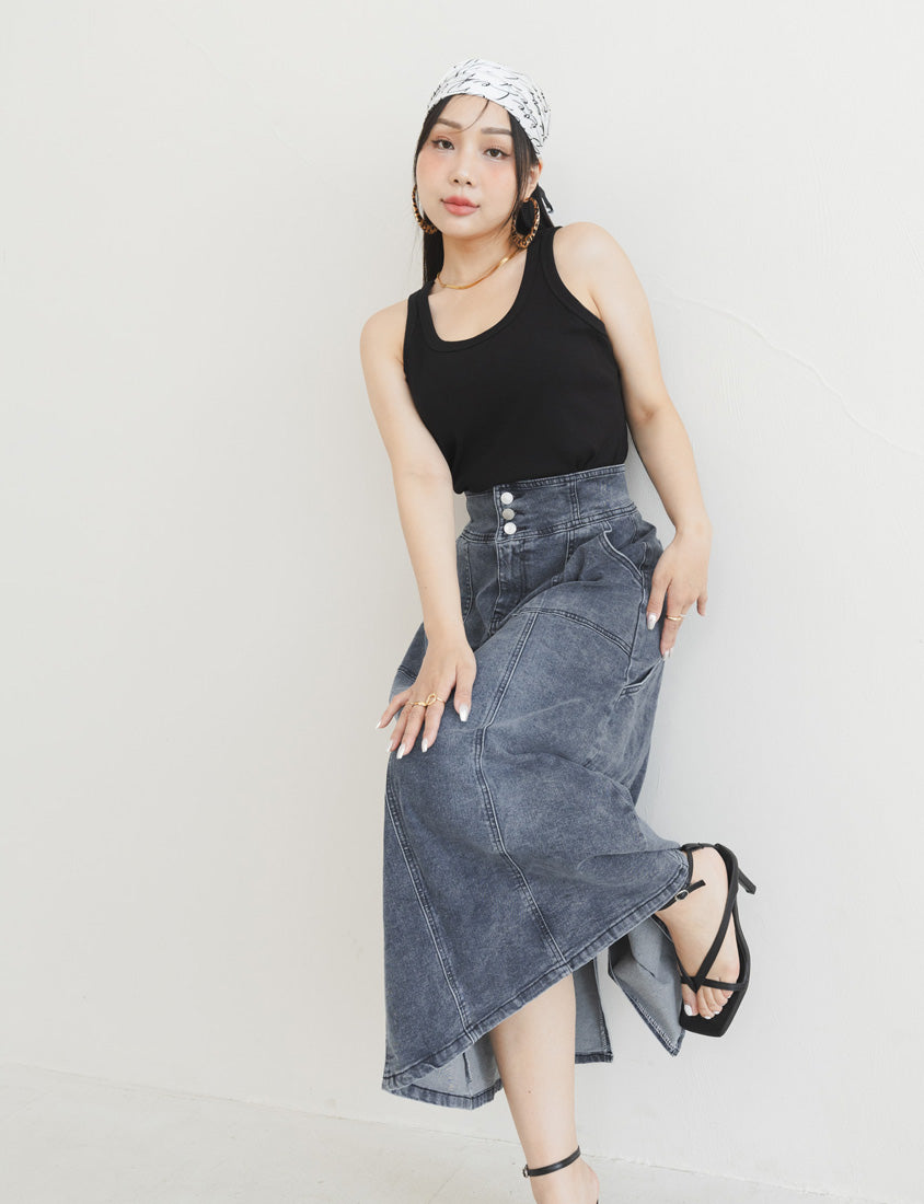 MUA! Ultra-Stretch Back Slit High-Waist Washed Denim Plus Size Maxi Skirt