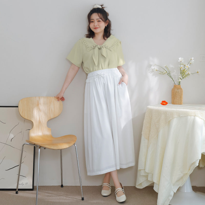 Full Elastic Waist Chiffon Plus Size Wide-Leg Pants