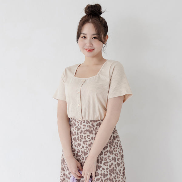 Multi-Color Ribbed Square Neck Faux Button Plus Size Top